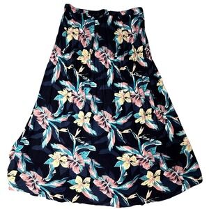 Roxy Tropical Floral Midi Skirt LARGE Black Double Split Lounge Beach Cover Up‎